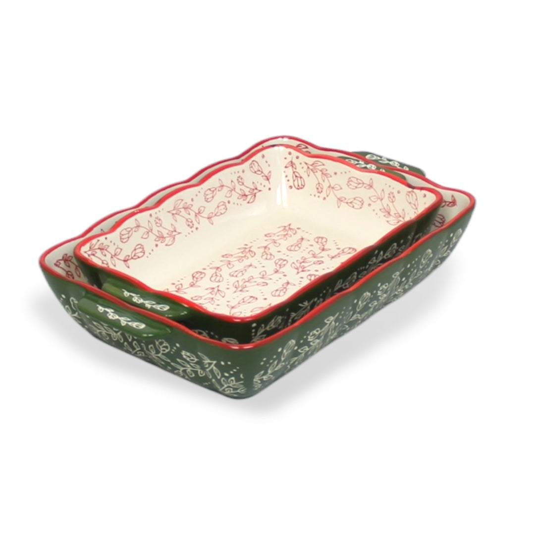 Ceramic Oven Safe 2 Piece Bakeware Set Rectangle in Green