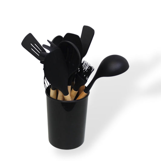 Silicone Utensils Cooking Set 10 Piece with a Holder - Black