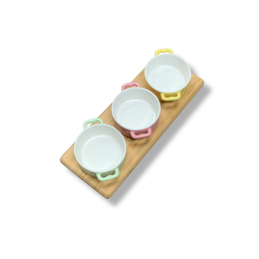 Ceramic Porcelain 4 Piece Small Bowl Set with Wood Board