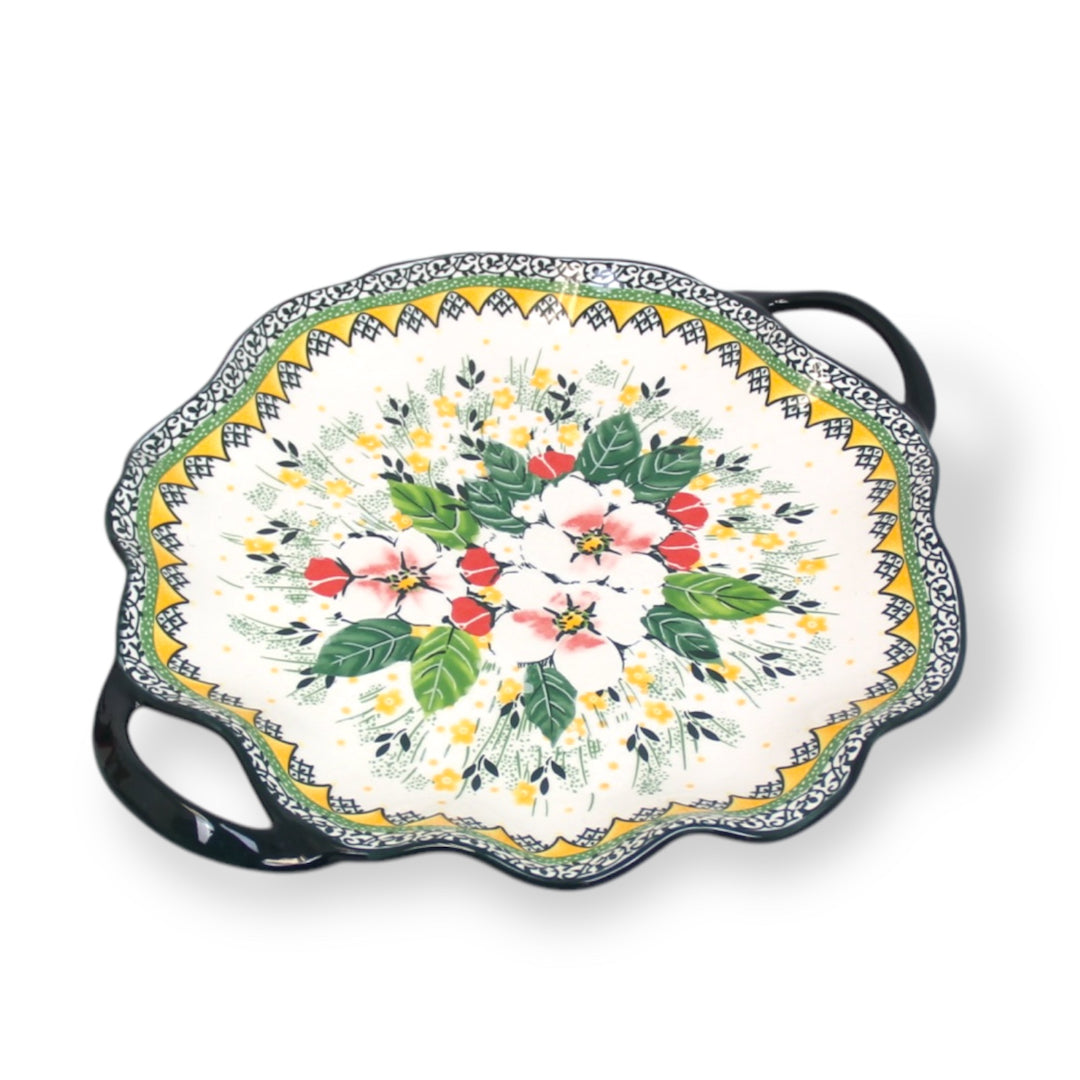 Colourful Ceramic Porcelain Serving Plate Dinnerware Tray in White and Green Flower Design - 11 Inches