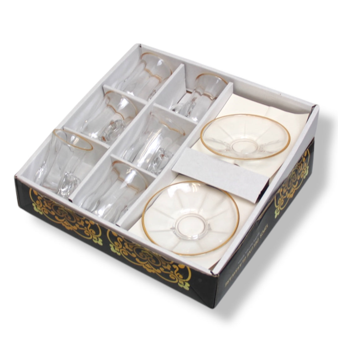 Crystal Glass Gold Rim Magnifying Design Set of 12 Pieces Tea Cups with Saucer