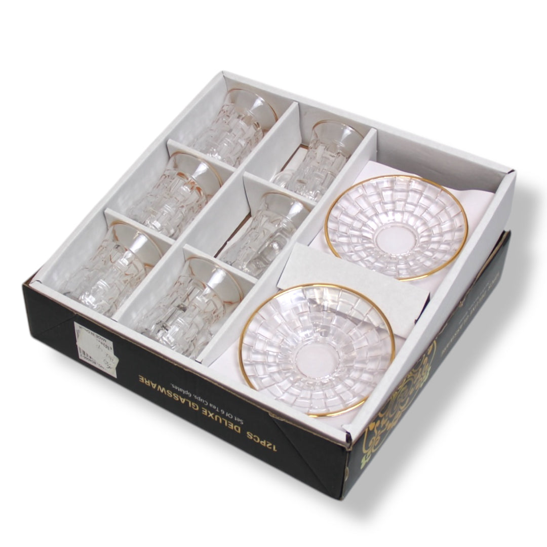 Crystal Glass Gold Rim Geometric Design Set of 12 Pieces Tea Cups with Saucer