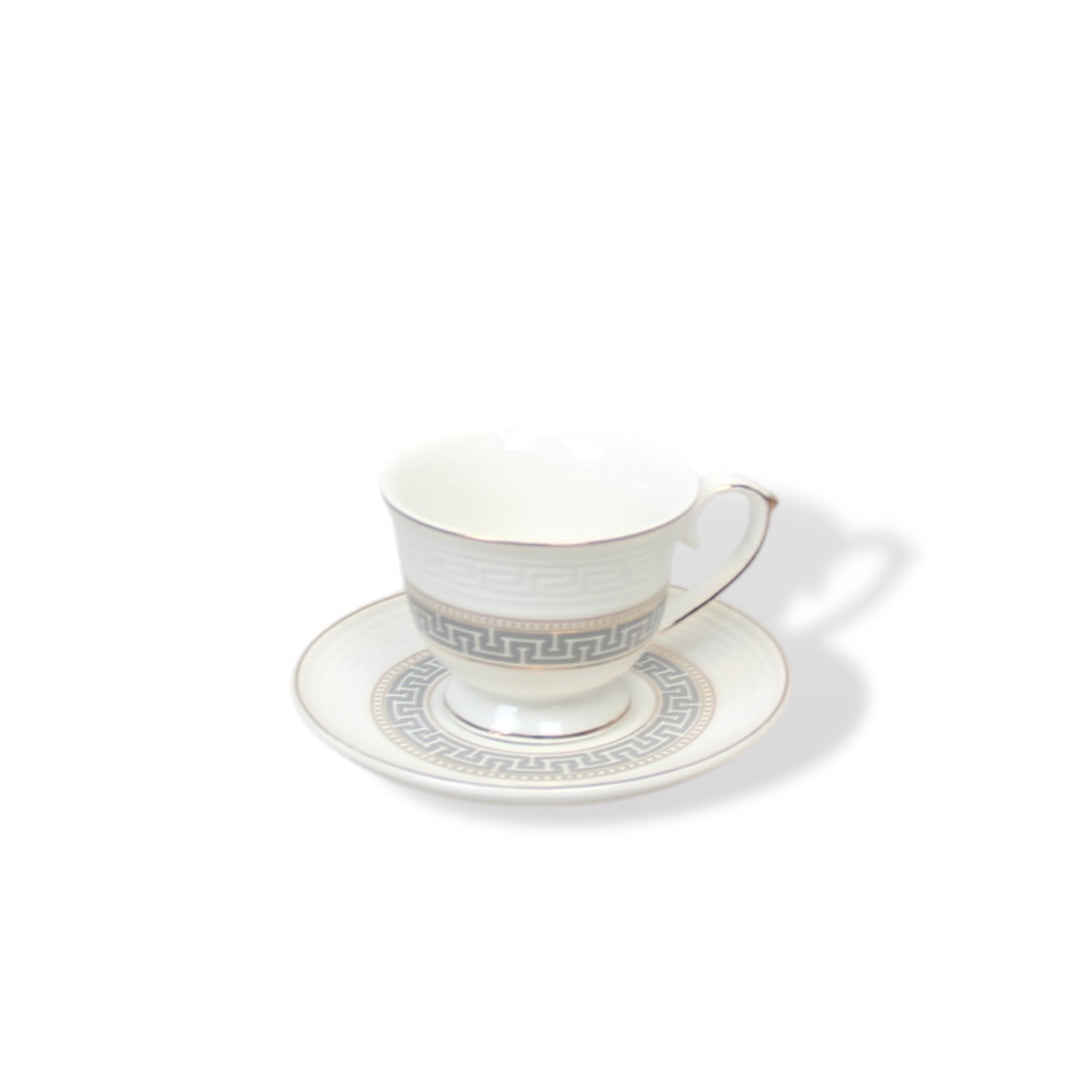 Roman Key Design Tea Cup 12 Piece Set with Gold Rim in White Ceramic - Small