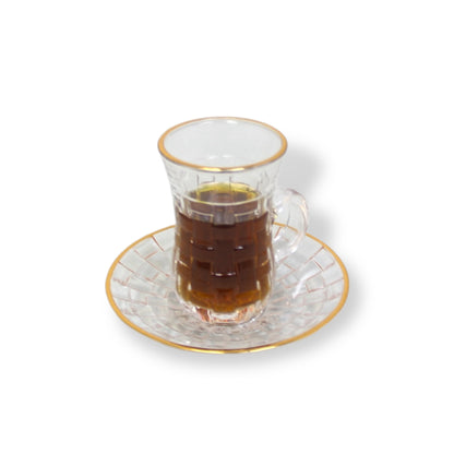 Crystal Glass Gold Rim Geometric Design Set of 12 Pieces Tea Cups with Saucer