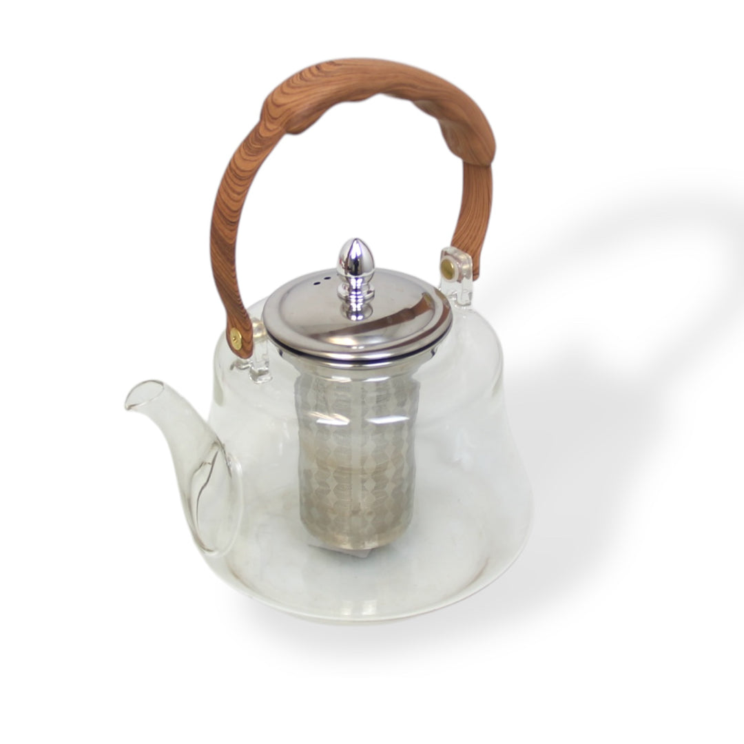 Glass Tea pot with Stainless Steel Steeper and Wood Handle