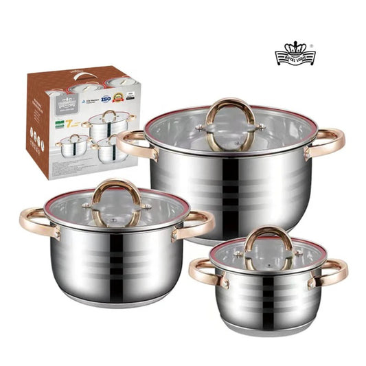 Stainless Steel 6 Piece Cookware Set - 7 Layer Steel with rose gold glass and handles