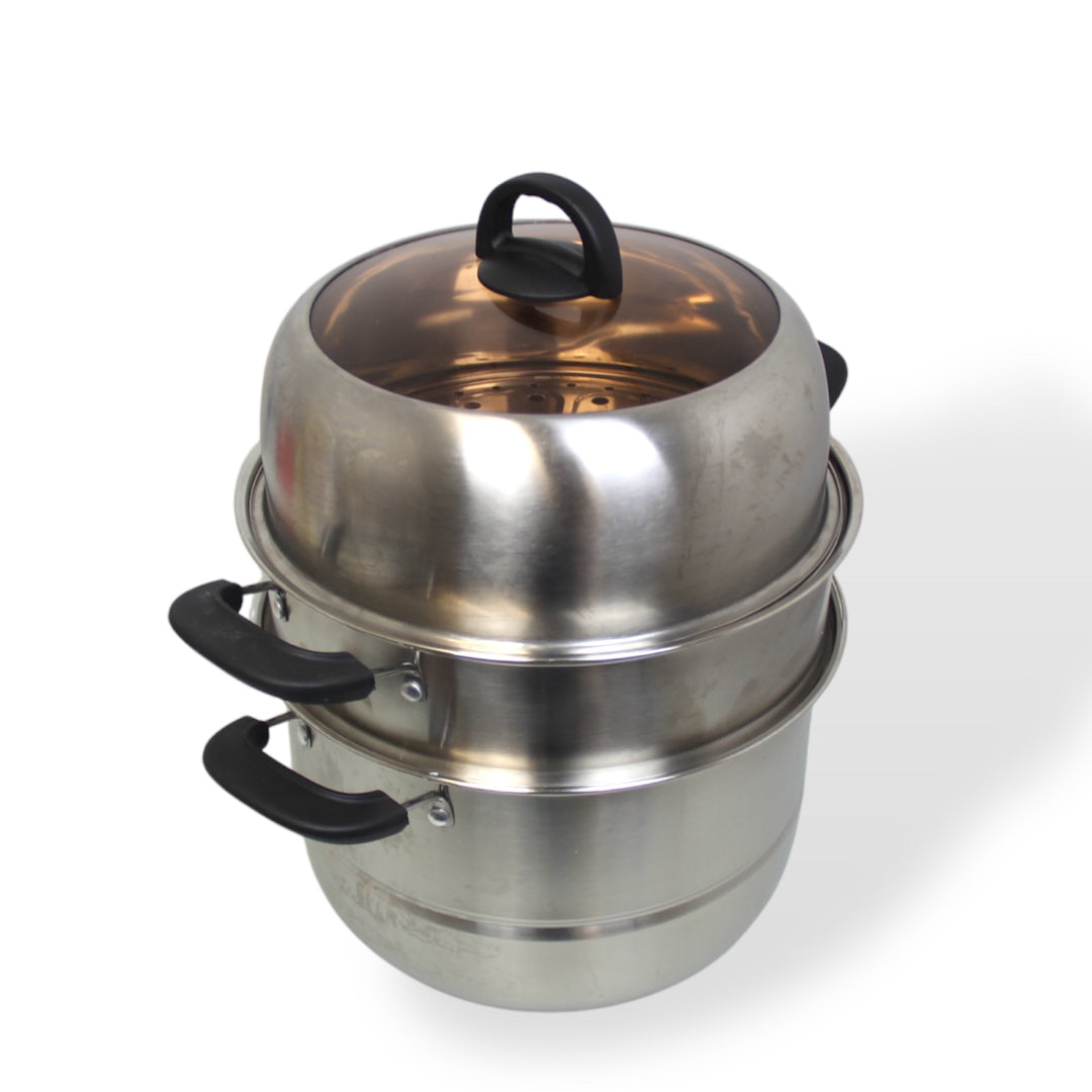 3 Tier Silver Stainless Steel Steamer Pot and Pan Set with Rubber Handles - 30 CM