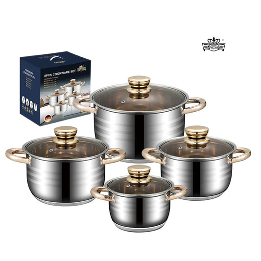 Stainless Steel 8 Piece Cookware Set - 7 Layer Steel with rose gold glass and handles